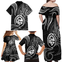 Polynesian Guam Coat of Arms Family Matching Off Shoulder Maxi Dress and Hawaiian Shirt Polynesian Tribal Tattoo Black Version
