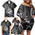 Polynesian Guam Coat of Arms Family Matching Off Shoulder Short Dress and Hawaiian Shirt Polynesian Tribal Tattoo Black Version