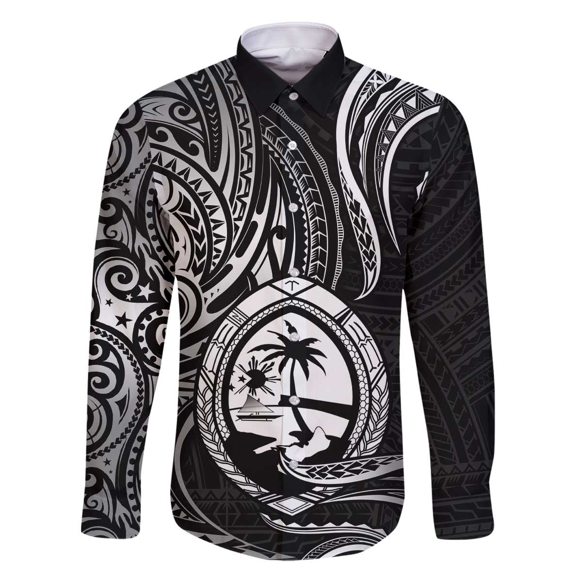 Polynesian Guam Coat of Arms Family Matching Off Shoulder Short Dress and Hawaiian Shirt Polynesian Tribal Tattoo Black Version