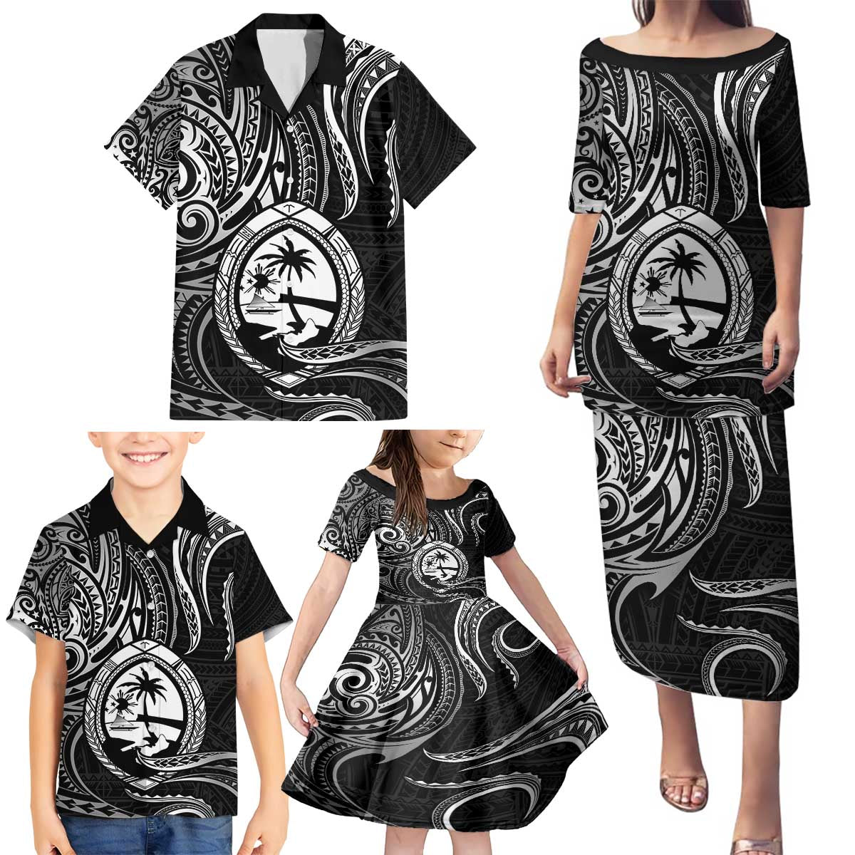 Polynesian Guam Coat of Arms Family Matching Puletasi and Hawaiian Shirt Polynesian Tribal Tattoo Black Version