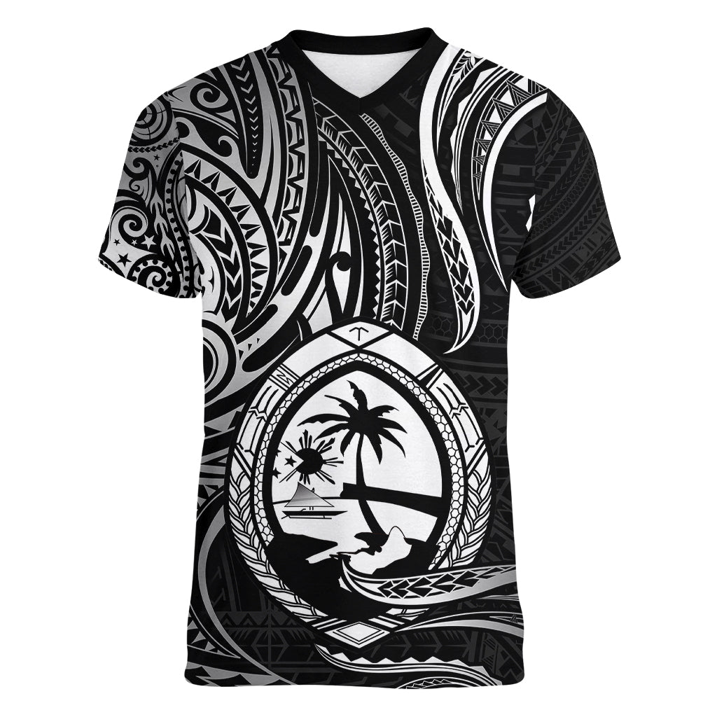 Polynesian Pride Guam Women V Neck T Shirt With Polynesian Tribal Tattoo and Coat of Arms Black Version LT9 - Polynesian Pride