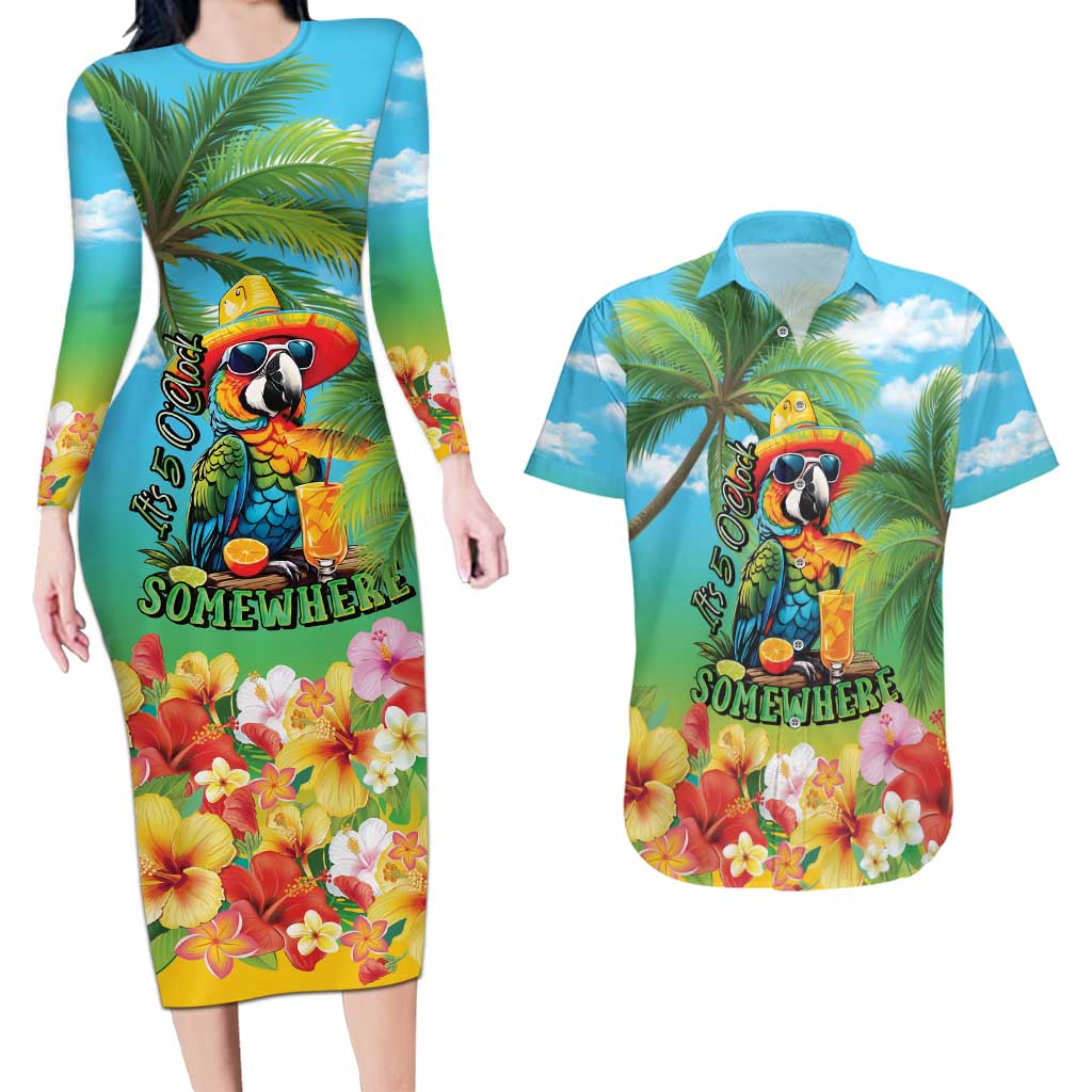 Always 5 O'clock Couples Matching Long Sleeve Bodycon Dress and Hawaiian Shirt Hawaiian Tropical Parrot LT9 Blue - Polynesian Pride