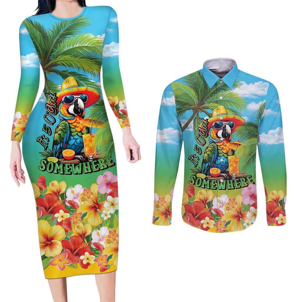 Always 5 O'clock Couples Matching Long Sleeve Bodycon Dress and Long Sleeve Button Shirt Hawaiian Tropical Parrot LT9 Blue - Polynesian Pride