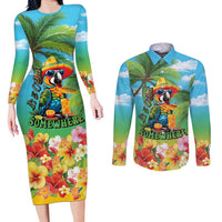 Always 5 O'clock Couples Matching Long Sleeve Bodycon Dress and Long Sleeve Button Shirt Hawaiian Tropical Parrot LT9 Blue - Polynesian Pride