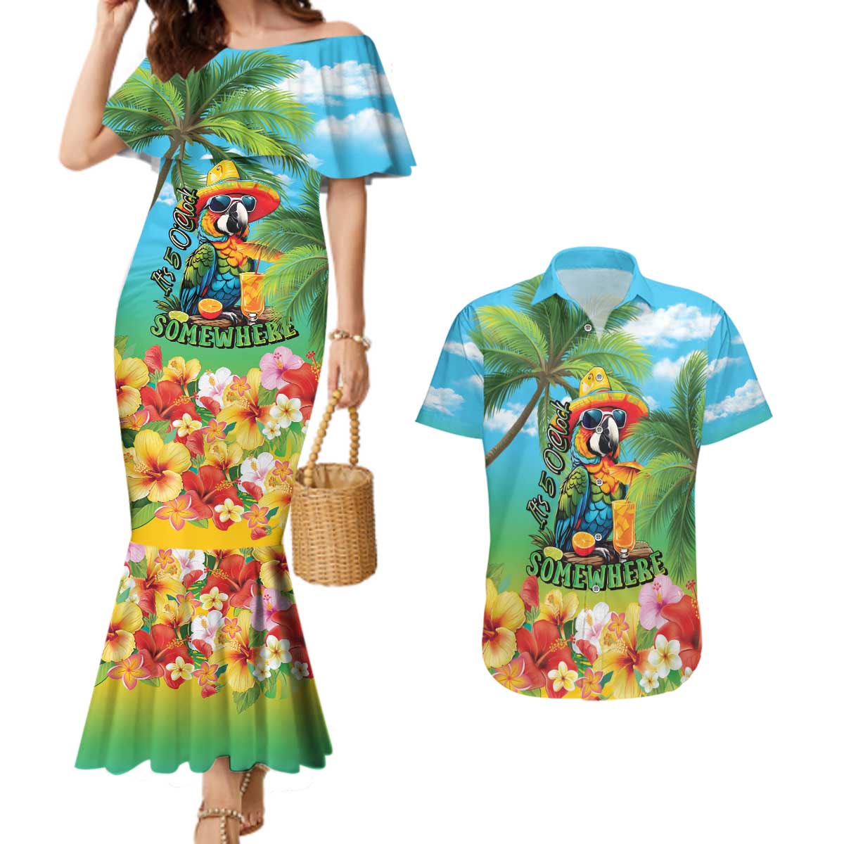 Always 5 O'clock Couples Matching Mermaid Dress and Hawaiian Shirt Hawaiian Tropical Parrot LT9 Blue - Polynesian Pride