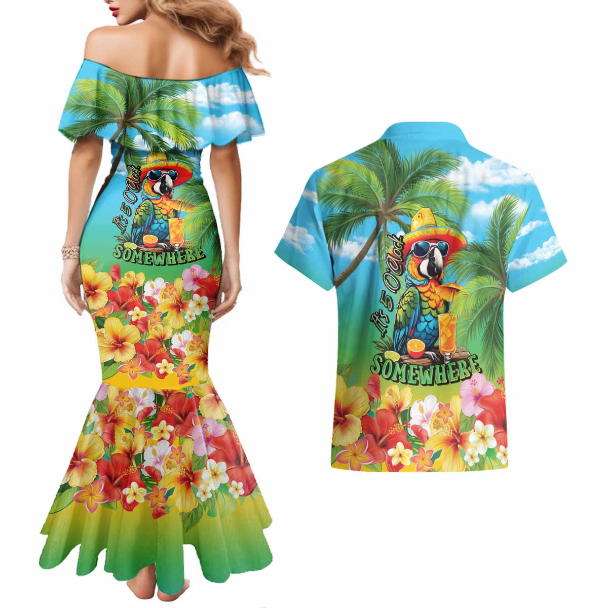 Always 5 O'clock Couples Matching Mermaid Dress and Hawaiian Shirt Hawaiian Tropical Parrot LT9 - Polynesian Pride