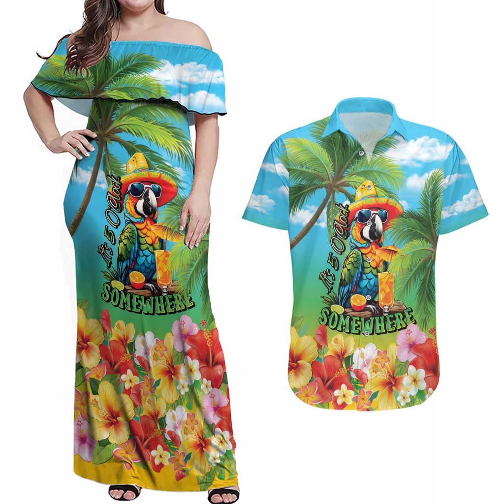 Always 5 O'clock Couples Matching Off Shoulder Maxi Dress and Hawaiian Shirt Hawaiian Tropical Parrot LT9 Blue - Polynesian Pride