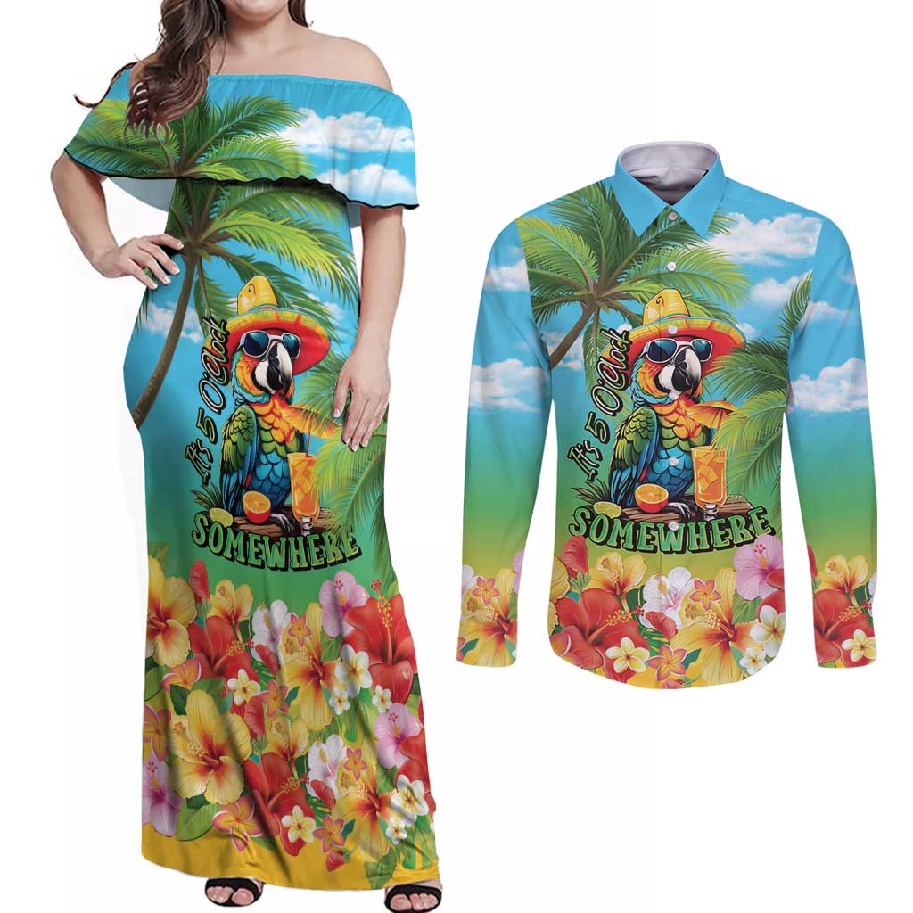 Always 5 O'clock Couples Matching Off Shoulder Maxi Dress and Long Sleeve Button Shirt Hawaiian Tropical Parrot LT9 Blue - Polynesian Pride
