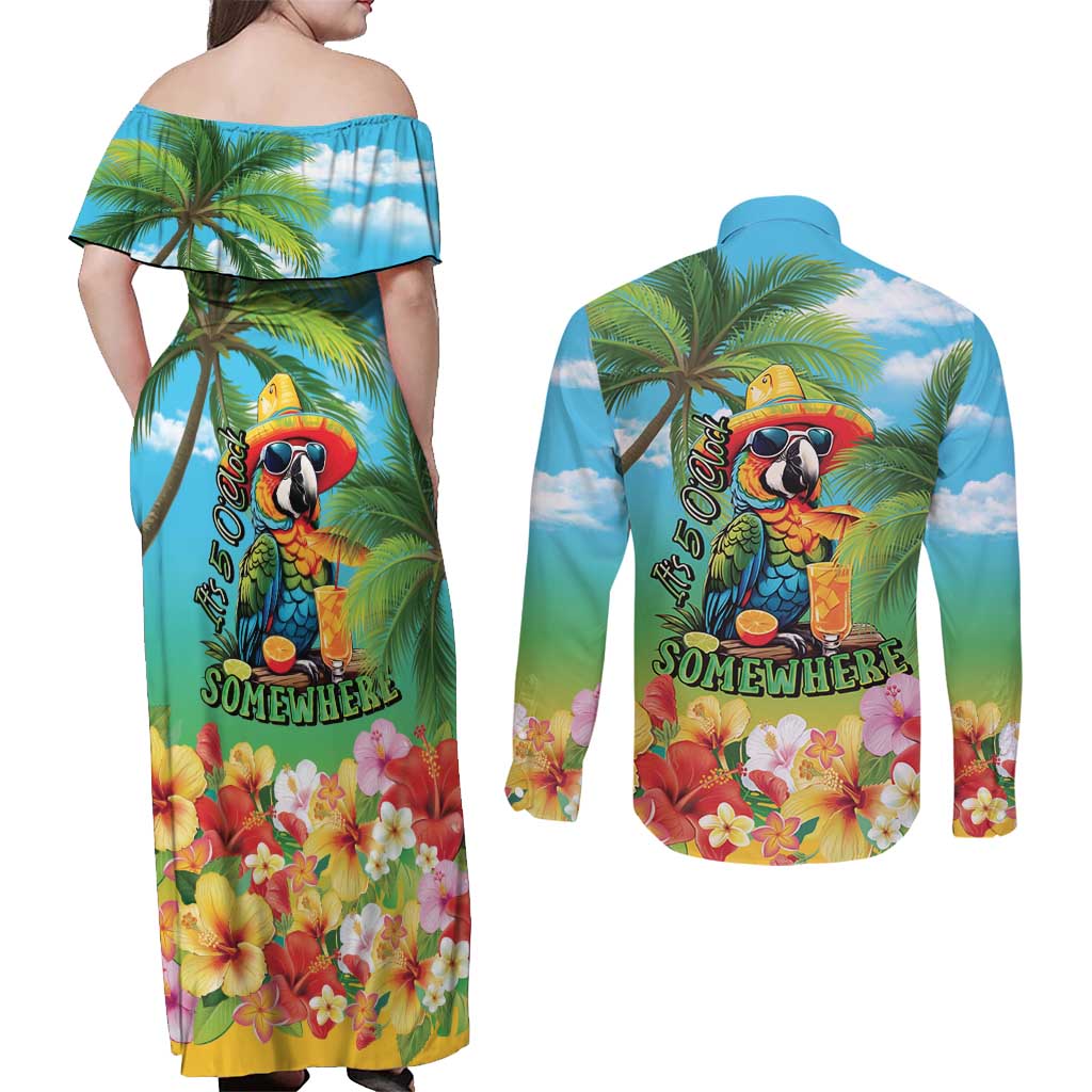 Always 5 O'clock Couples Matching Off Shoulder Maxi Dress and Long Sleeve Button Shirt Hawaiian Tropical Parrot LT9 - Polynesian Pride