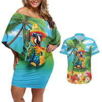 Always 5 O'clock Couples Matching Off Shoulder Short Dress and Hawaiian Shirt Hawaiian Tropical Parrot LT9 Blue - Polynesian Pride