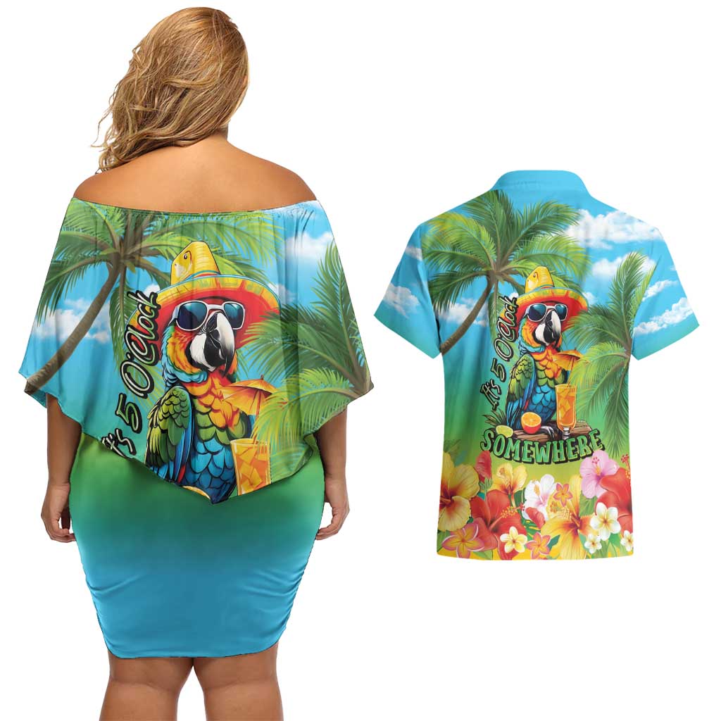 Always 5 O'clock Couples Matching Off Shoulder Short Dress and Hawaiian Shirt Hawaiian Tropical Parrot LT9 - Polynesian Pride