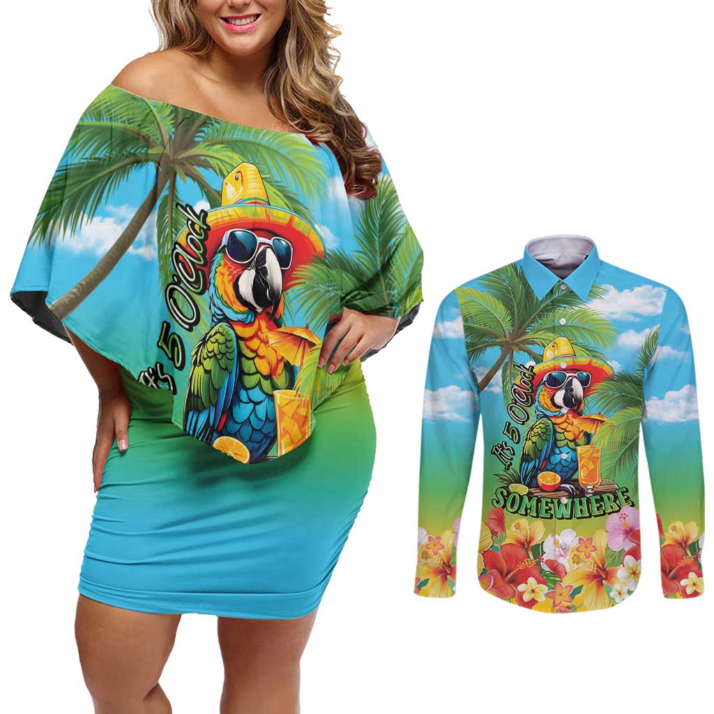 Always 5 O'clock Couples Matching Off Shoulder Short Dress and Long Sleeve Button Shirt Hawaiian Tropical Parrot LT9 Blue - Polynesian Pride