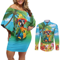 Always 5 O'clock Couples Matching Off Shoulder Short Dress and Long Sleeve Button Shirt Hawaiian Tropical Parrot LT9 Blue - Polynesian Pride