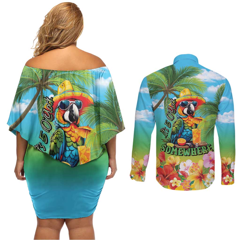 Always 5 O'clock Couples Matching Off Shoulder Short Dress and Long Sleeve Button Shirt Hawaiian Tropical Parrot LT9 - Polynesian Pride