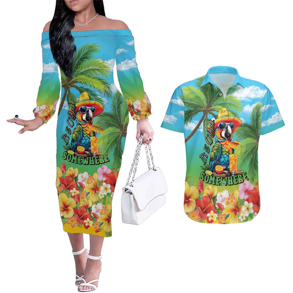 Always 5 O'clock Couples Matching Off The Shoulder Long Sleeve Dress and Hawaiian Shirt Hawaiian Tropical Parrot LT9 Blue - Polynesian Pride