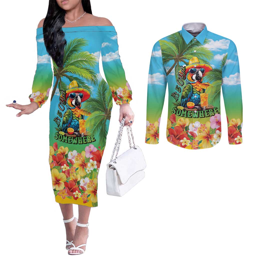 Always 5 O'clock Couples Matching Off The Shoulder Long Sleeve Dress and Long Sleeve Button Shirt Hawaiian Tropical Parrot LT9 Blue - Polynesian Pride