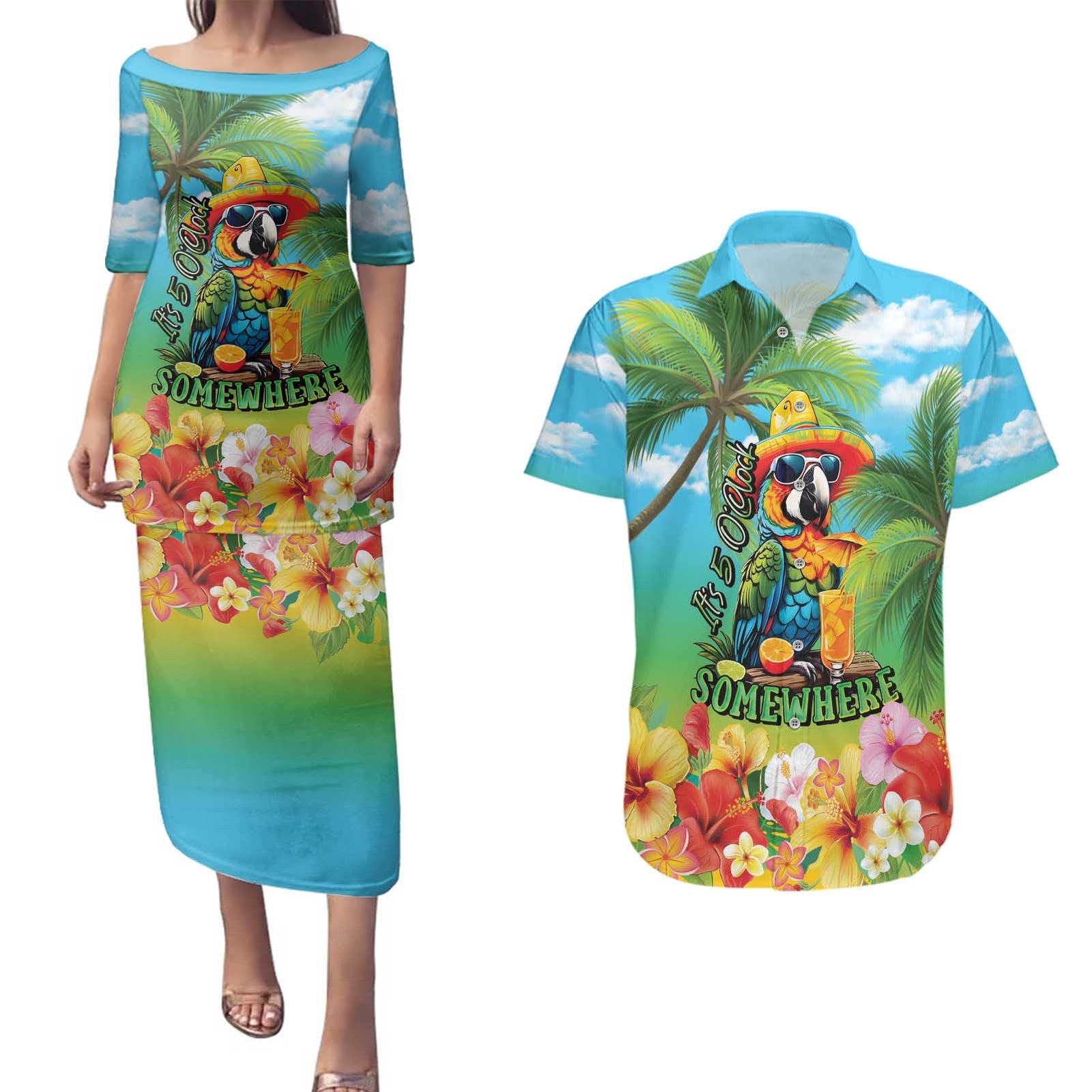 Always 5 O'clock Couples Matching Puletasi and Hawaiian Shirt Hawaiian Tropical Parrot LT9 Blue - Polynesian Pride