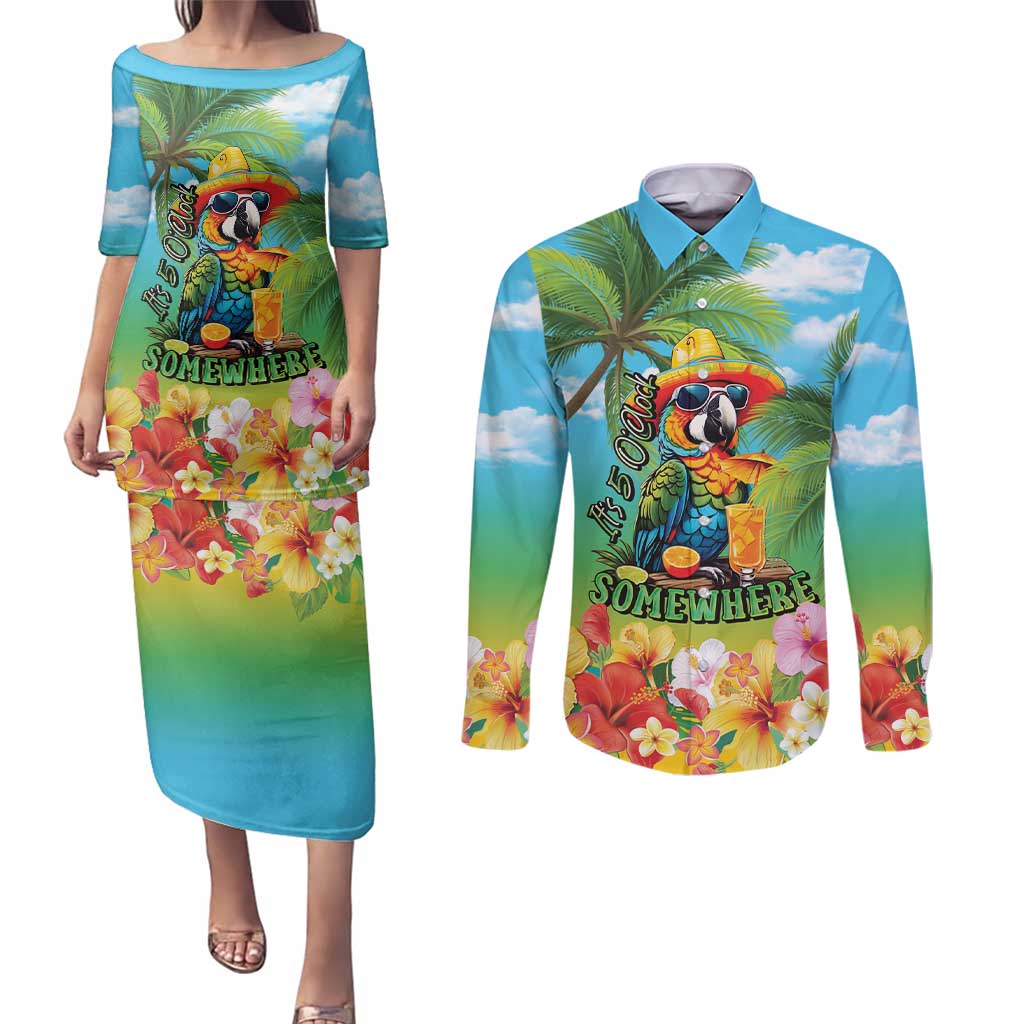 Always 5 O'clock Couples Matching Puletasi and Long Sleeve Button Shirt Hawaiian Tropical Parrot LT9 Blue - Polynesian Pride