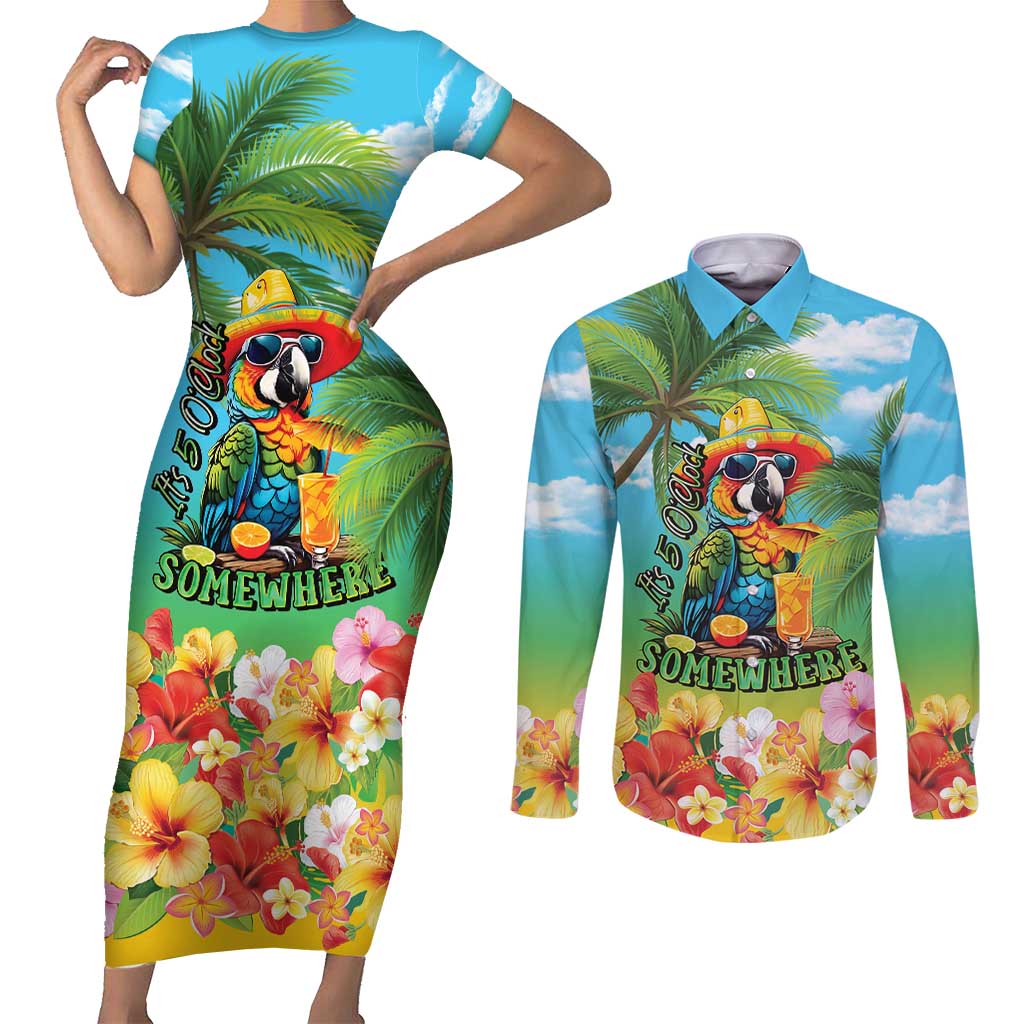 Always 5 O'clock Couples Matching Short Sleeve Bodycon Dress and Long Sleeve Button Shirt Hawaiian Tropical Parrot LT9 Blue - Polynesian Pride