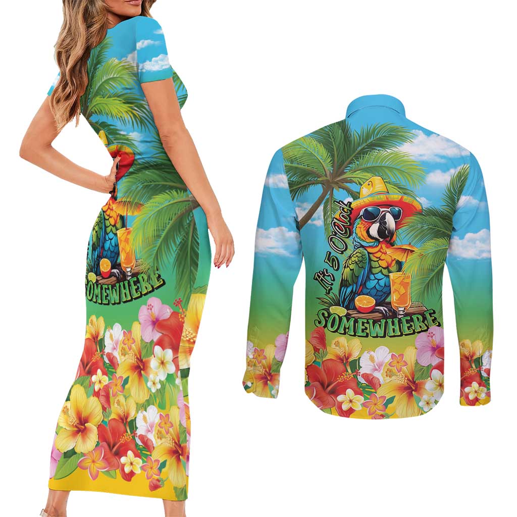 Always 5 O'clock Couples Matching Short Sleeve Bodycon Dress and Long Sleeve Button Shirt Hawaiian Tropical Parrot LT9 - Polynesian Pride