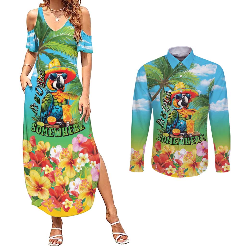 Always 5 O'clock Couples Matching Summer Maxi Dress and Long Sleeve Button Shirt Hawaiian Tropical Parrot LT9 Blue - Polynesian Pride