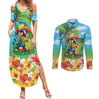 Always 5 O'clock Couples Matching Summer Maxi Dress and Long Sleeve Button Shirt Hawaiian Tropical Parrot LT9 Blue - Polynesian Pride