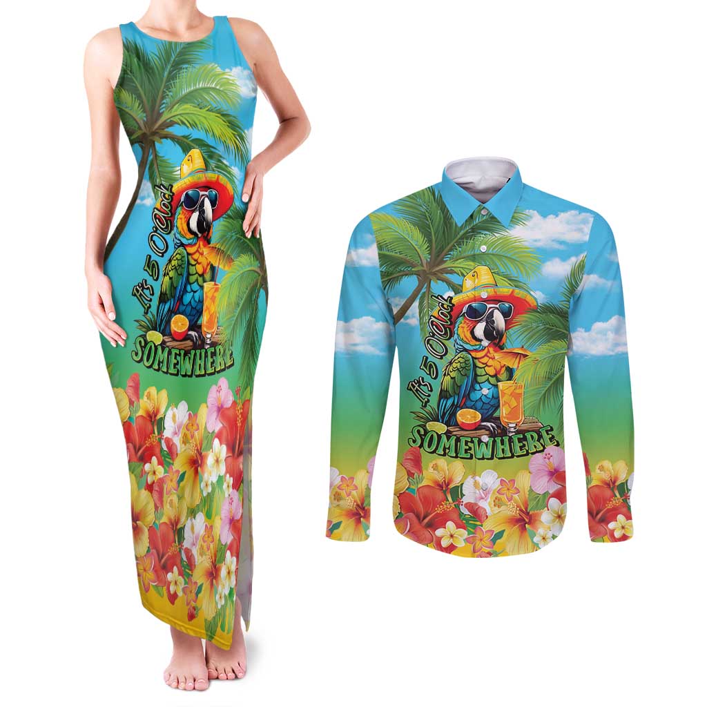 Always 5 O'clock Couples Matching Tank Maxi Dress and Long Sleeve Button Shirt Hawaiian Tropical Parrot LT9 Blue - Polynesian Pride