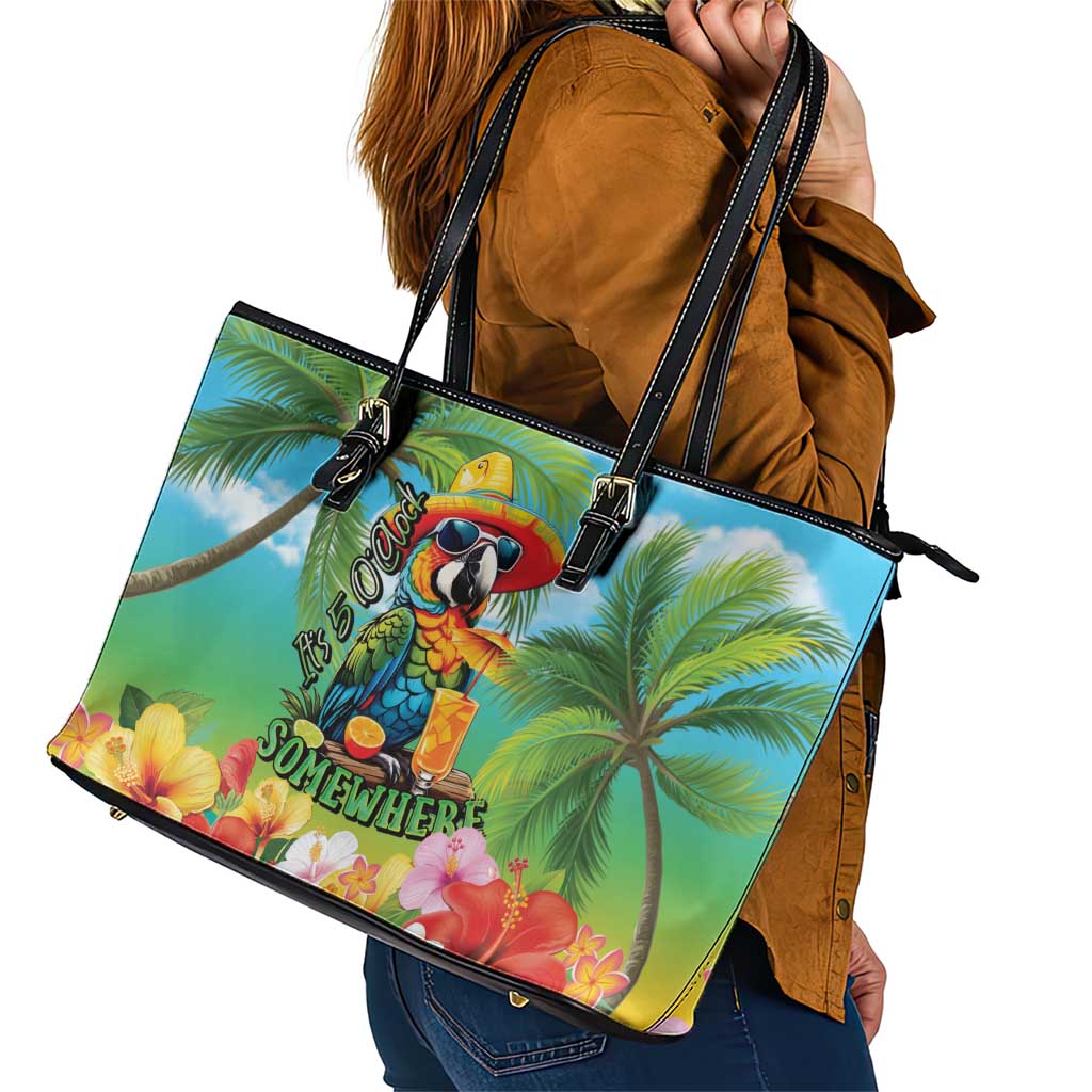 Always 5 O'clock Leather Tote Bag Hawaiian Tropical Parrot - Polynesian Pride