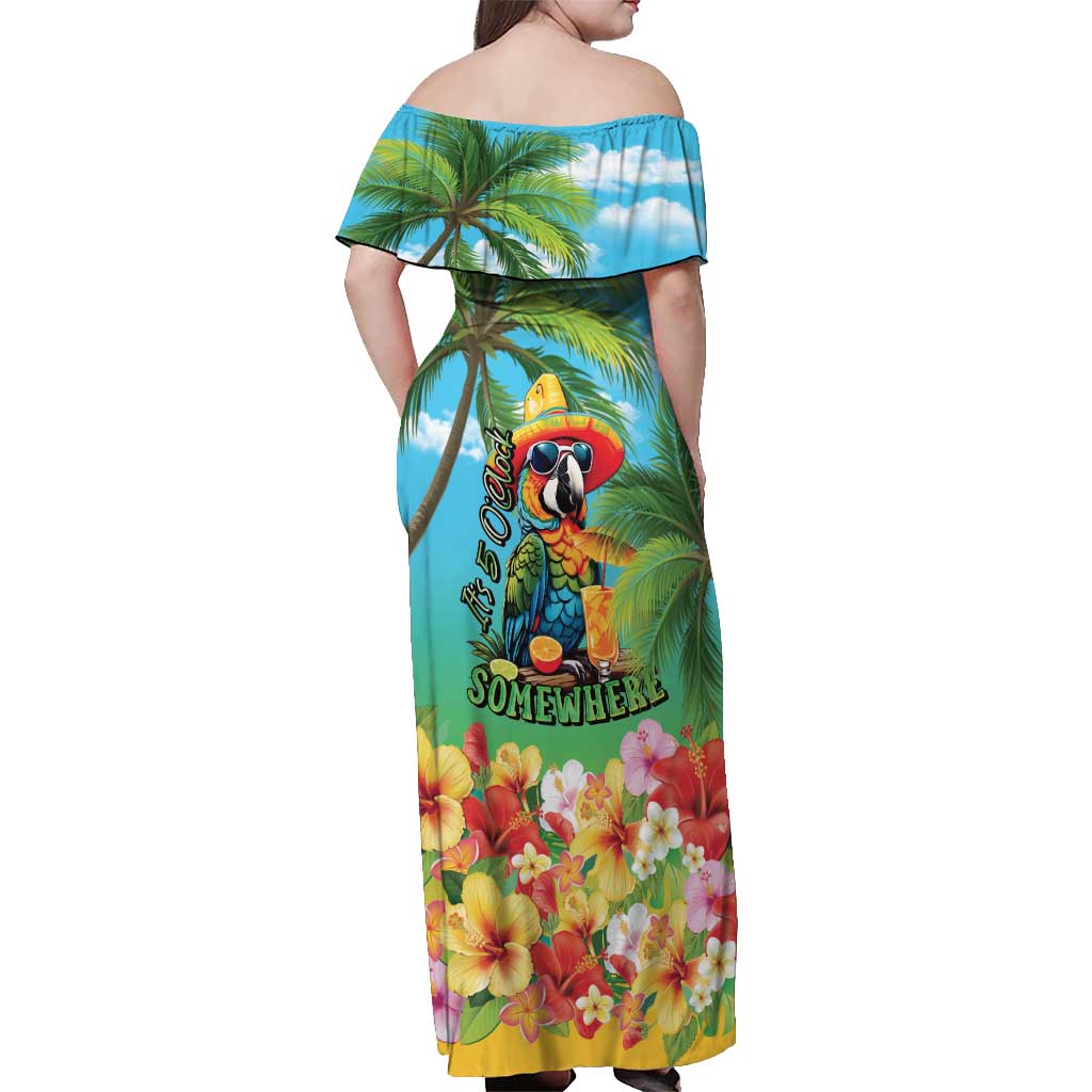 Always 5 O'clock Off Shoulder Maxi Dress Hawaiian Tropical Parrot - Polynesian Pride