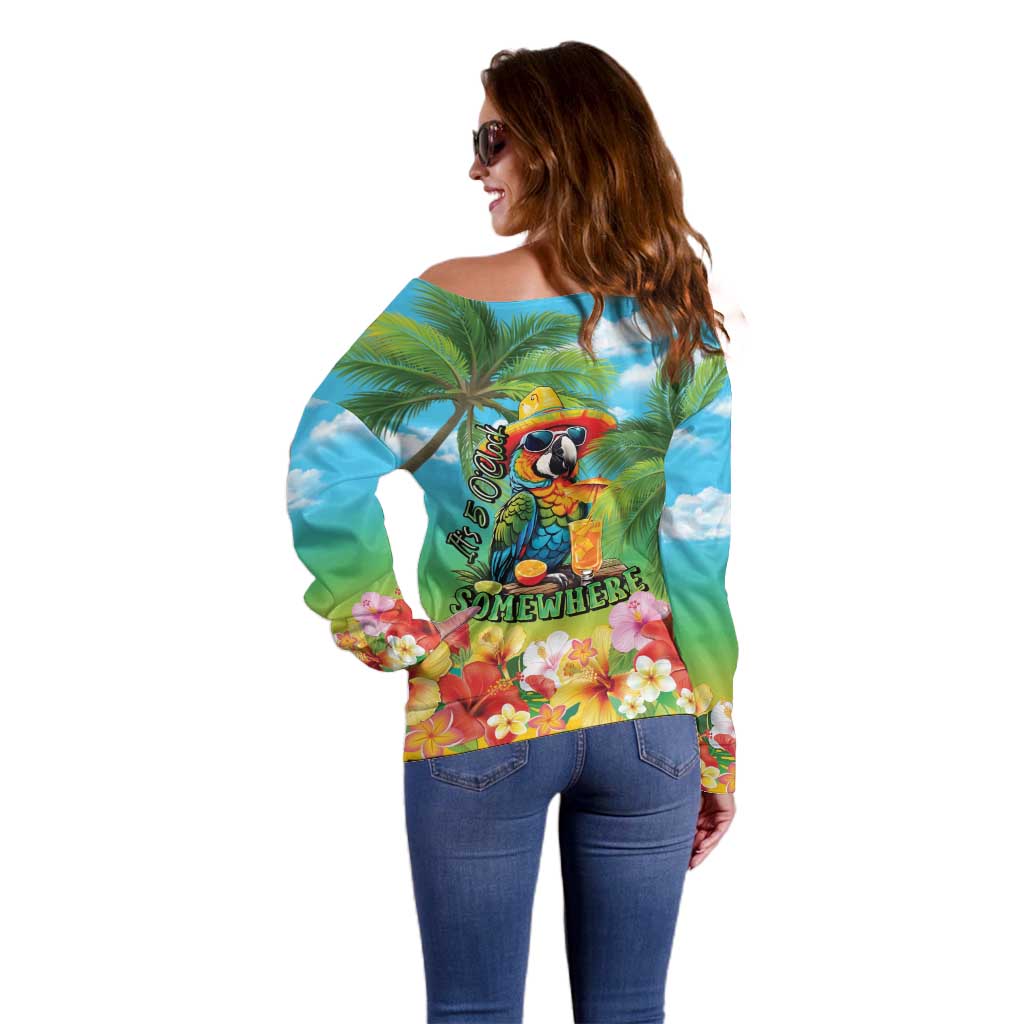 Always 5 O'clock Off Shoulder Sweater Hawaiian Tropical Parrot - Polynesian Pride