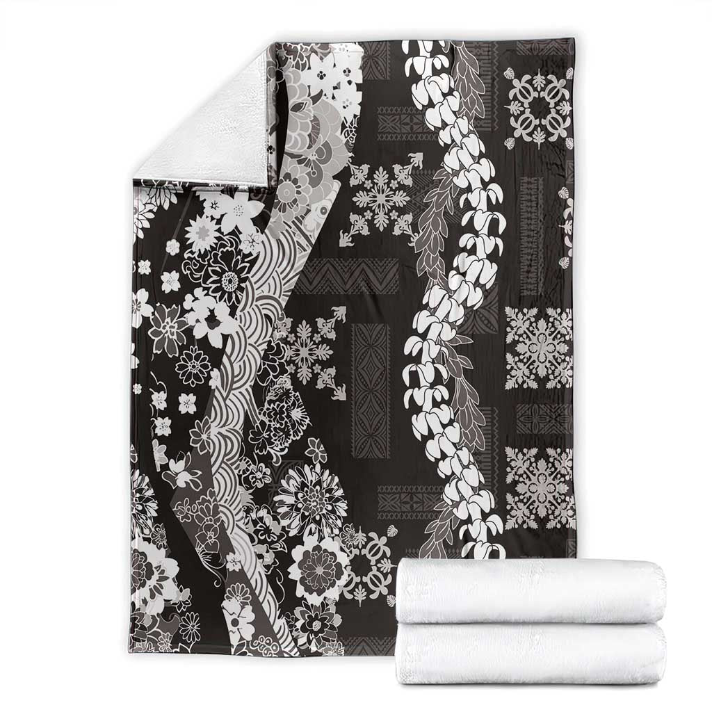 Hawaii Puakenikeni and Maile Lei Blanket Black Japanese Wave Style - Polynesian Pride