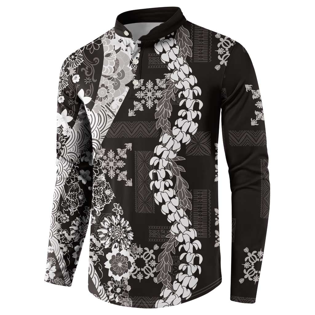 Hawaii Puakenikeni and Maile Lei Button Sweatshirt Black Japanese Wave Style LT9 - Polynesian Pride