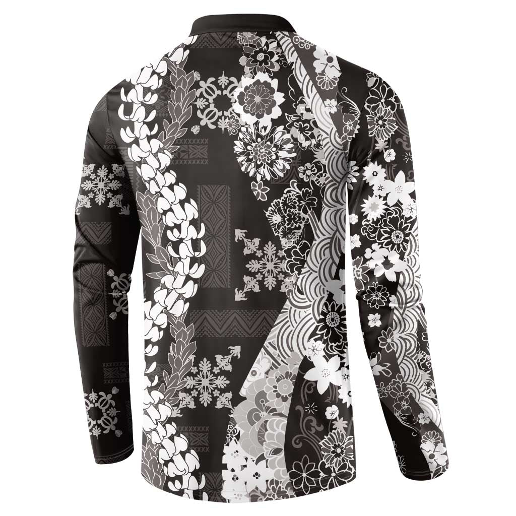 Hawaii Puakenikeni and Maile Lei Button Sweatshirt Black Japanese Wave Style LT9 - Polynesian Pride