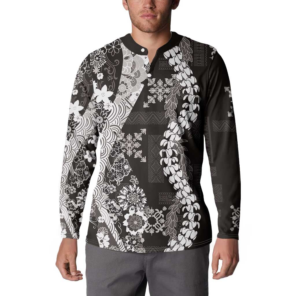 Hawaii Puakenikeni and Maile Lei Button Sweatshirt Black Japanese Wave Style LT9 - Polynesian Pride