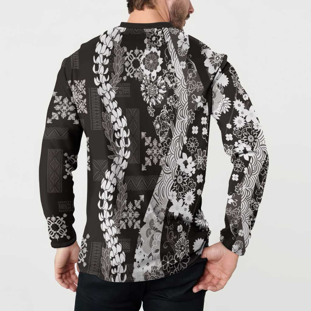 Hawaii Puakenikeni and Maile Lei Button Sweatshirt Black Japanese Wave Style LT9 - Polynesian Pride