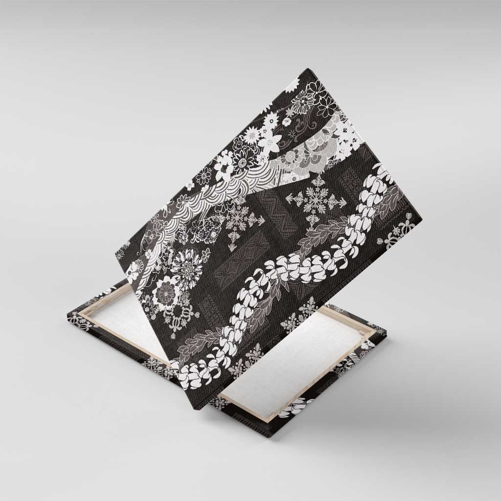 Hawaii Puakenikeni and Maile Lei Canvas Wall Art Black Japanese Wave Style LT9 With Frame Black - Polynesian Pride