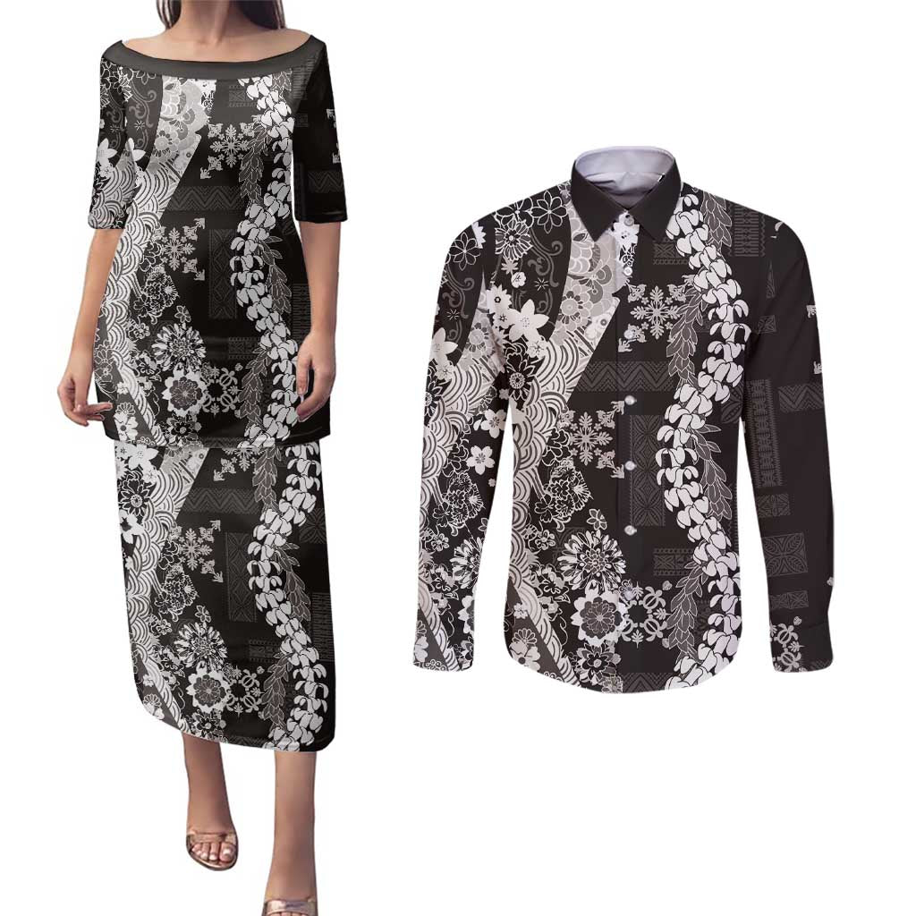 Hawaii Puakenikeni and Maile Lei Couples Matching Puletasi and Long Sleeve Button Shirt Black Japanese Wave Style - Polynesian Pride