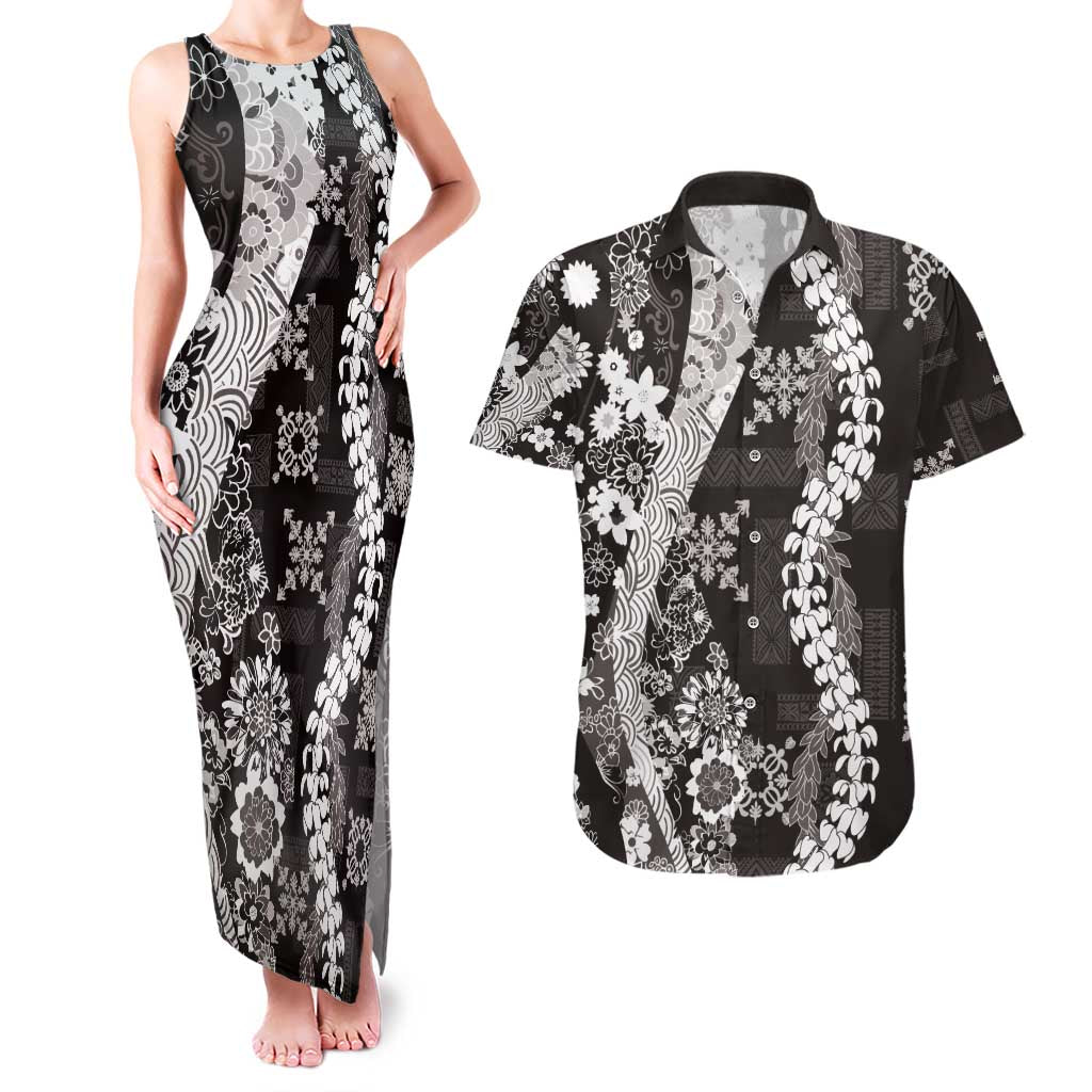 Hawaii Puakenikeni and Maile Lei Couples Matching Tank Maxi Dress and Hawaiian Shirt Black Japanese Wave Style - Polynesian Pride