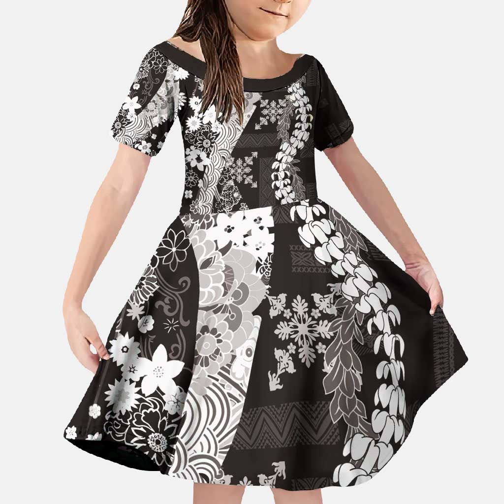 Hawaii Puakenikeni and Maile Lei Family Matching Long Sleeve Bodycon Dress and Hawaiian Shirt Black Japanese Wave Style - Polynesian Pride