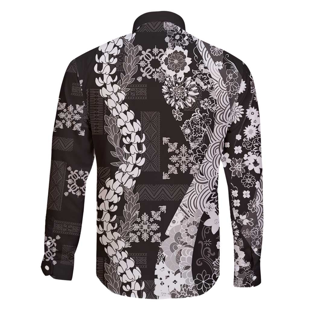 Hawaii Puakenikeni and Maile Lei Family Matching Long Sleeve Bodycon Dress and Hawaiian Shirt Black Japanese Wave Style - Polynesian Pride