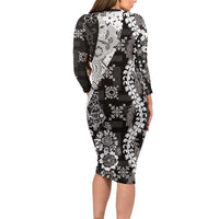 Hawaii Puakenikeni and Maile Lei Family Matching Long Sleeve Bodycon Dress and Hawaiian Shirt Black Japanese Wave Style - Polynesian Pride