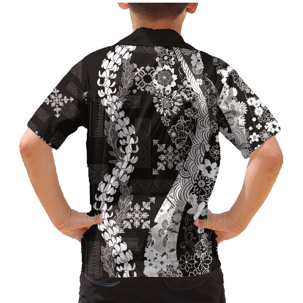 Hawaii Puakenikeni and Maile Lei Family Matching Mermaid Dress and Hawaiian Shirt Black Japanese Wave Style - Polynesian Pride