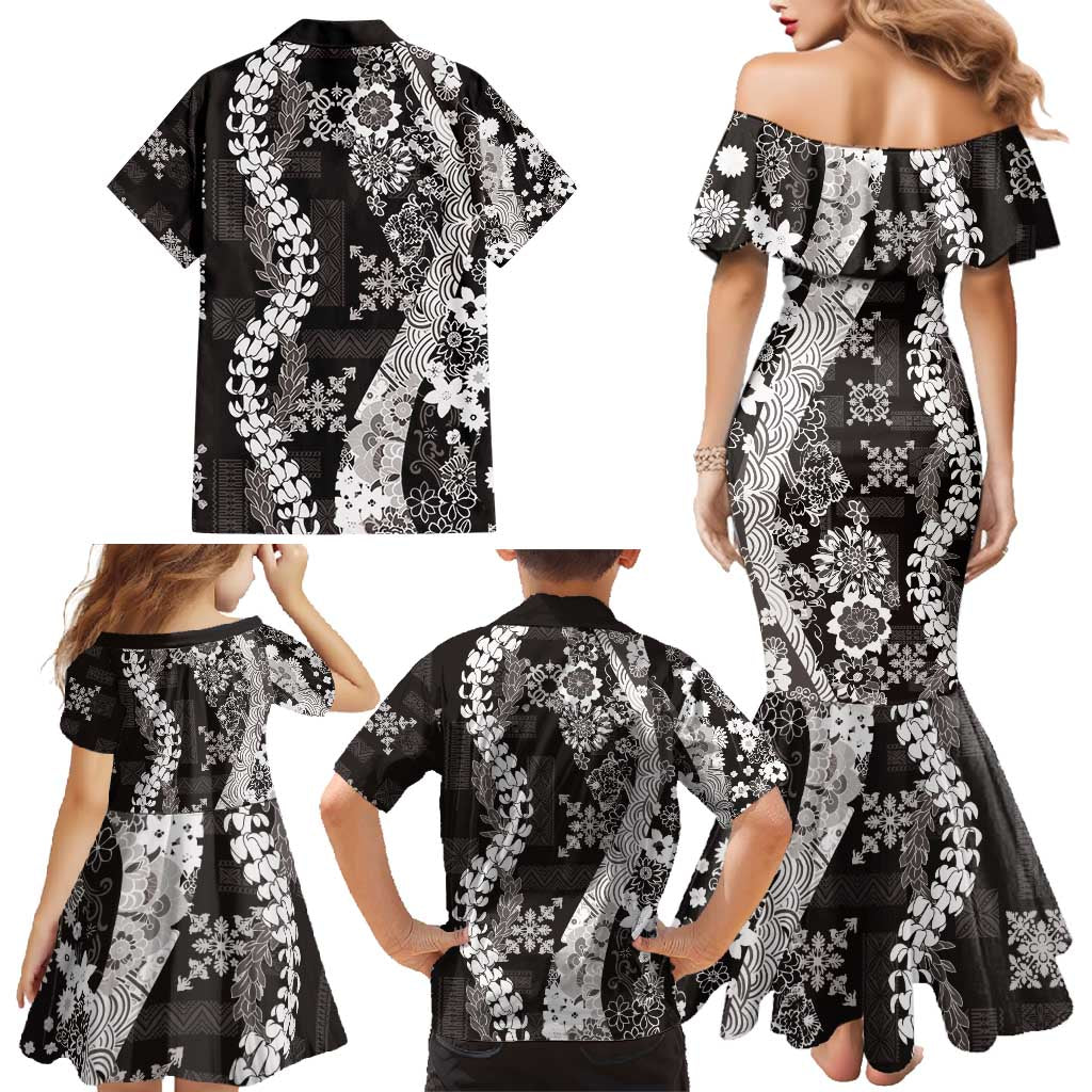Hawaii Puakenikeni and Maile Lei Family Matching Mermaid Dress and Hawaiian Shirt Black Japanese Wave Style - Polynesian Pride