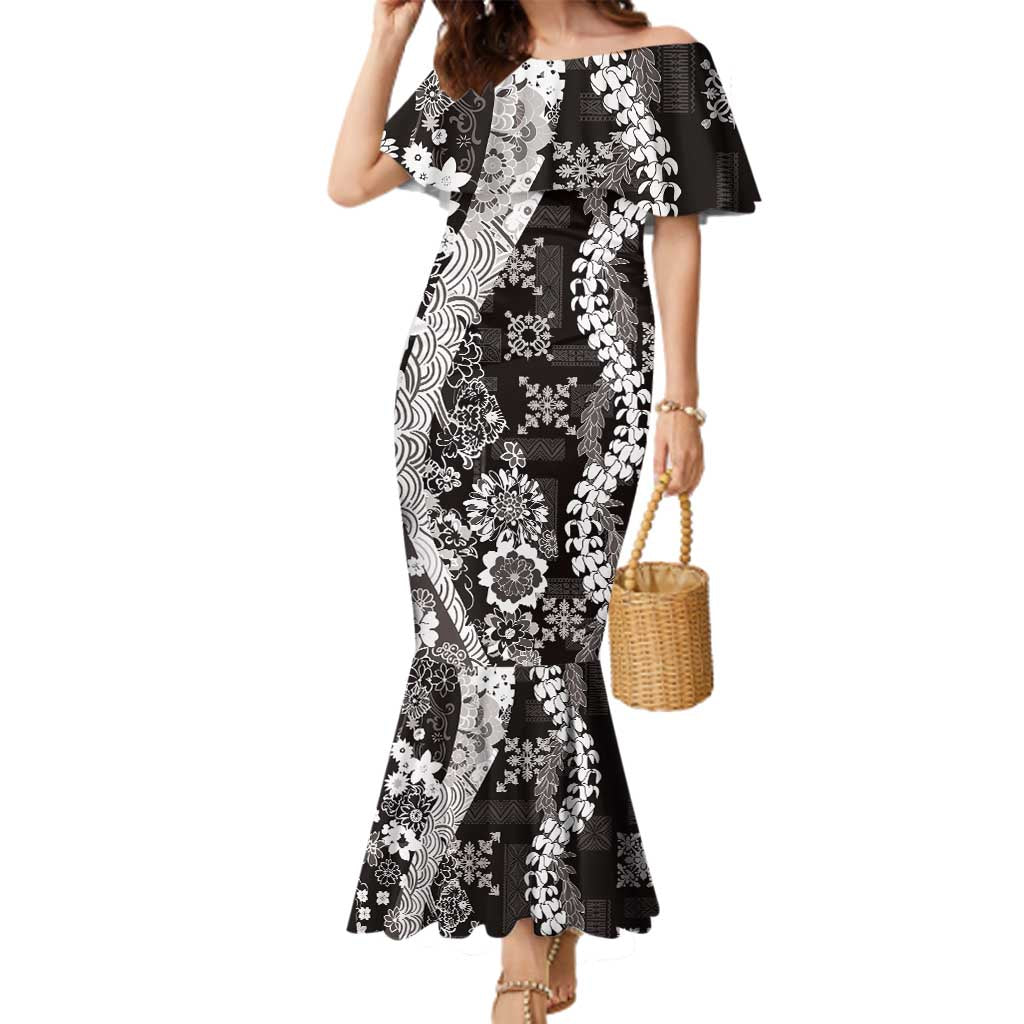 Hawaii Puakenikeni and Maile Lei Family Matching Mermaid Dress and Hawaiian Shirt Black Japanese Wave Style - Polynesian Pride