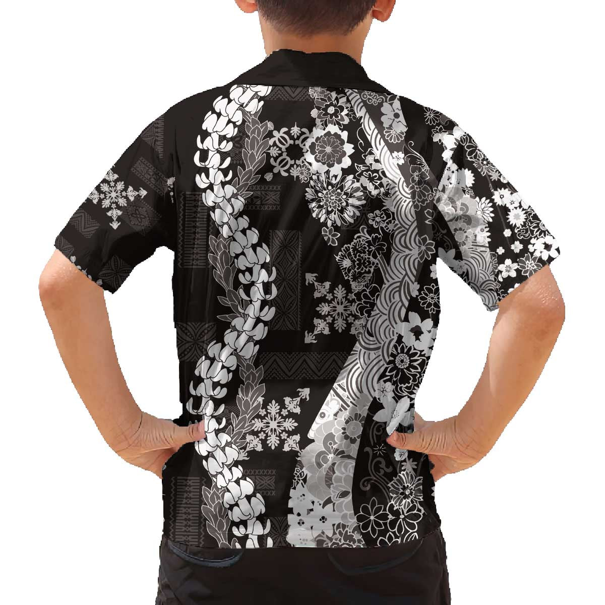 Hawaii Puakenikeni and Maile Lei Family Matching Off The Shoulder Long Sleeve Dress and Hawaiian Shirt Black Japanese Wave Style - Polynesian Pride