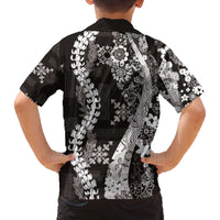 Hawaii Puakenikeni and Maile Lei Family Matching Off The Shoulder Long Sleeve Dress and Hawaiian Shirt Black Japanese Wave Style - Polynesian Pride