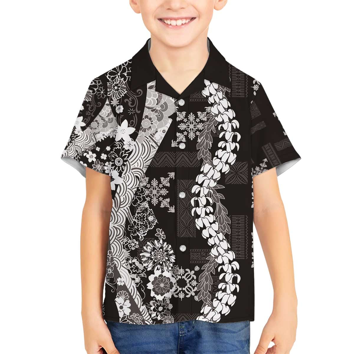 Hawaii Puakenikeni and Maile Lei Family Matching Off The Shoulder Long Sleeve Dress and Hawaiian Shirt Black Japanese Wave Style - Polynesian Pride