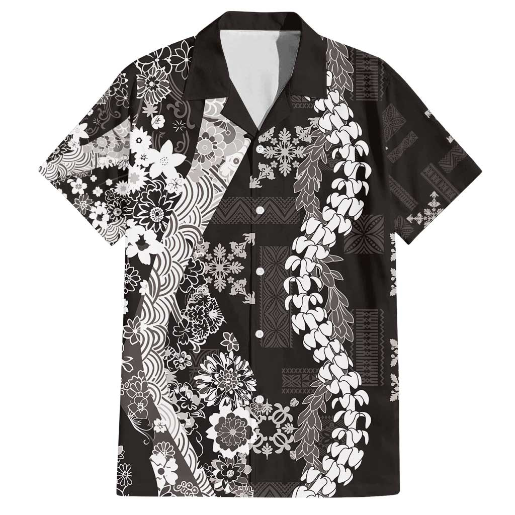 Hawaii Puakenikeni and Maile Lei Family Matching Off Shoulder Short Dress and Hawaiian Shirt Black Japanese Wave Style - Polynesian Pride