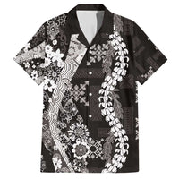 Hawaii Puakenikeni and Maile Lei Family Matching Off Shoulder Short Dress and Hawaiian Shirt Black Japanese Wave Style - Polynesian Pride