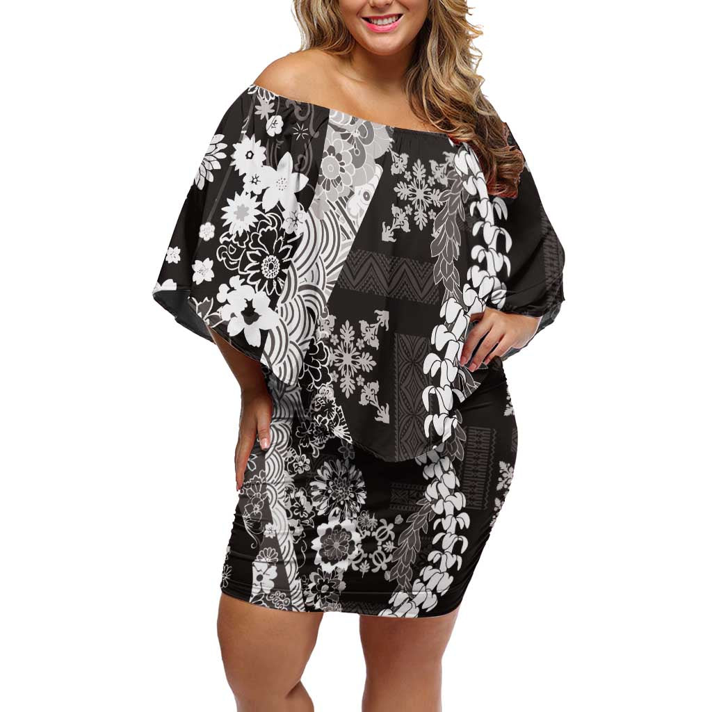 Hawaii Puakenikeni and Maile Lei Family Matching Off Shoulder Short Dress and Hawaiian Shirt Black Japanese Wave Style - Polynesian Pride